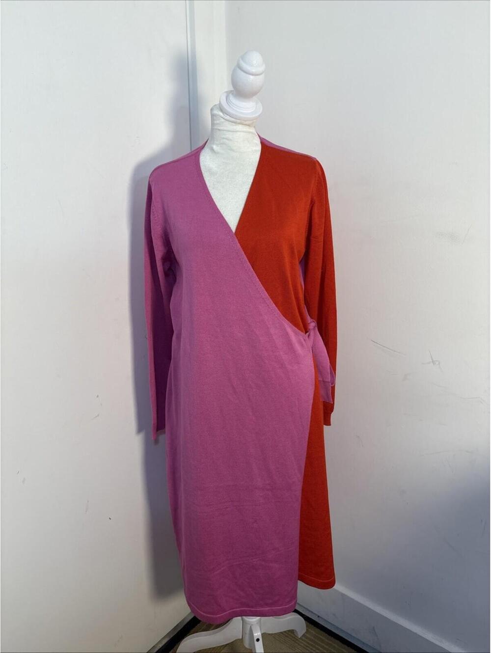 Nina Leonard Long-Sleeve Colorblock Wrap Dress Pink/Deep Red Large Brand New‎